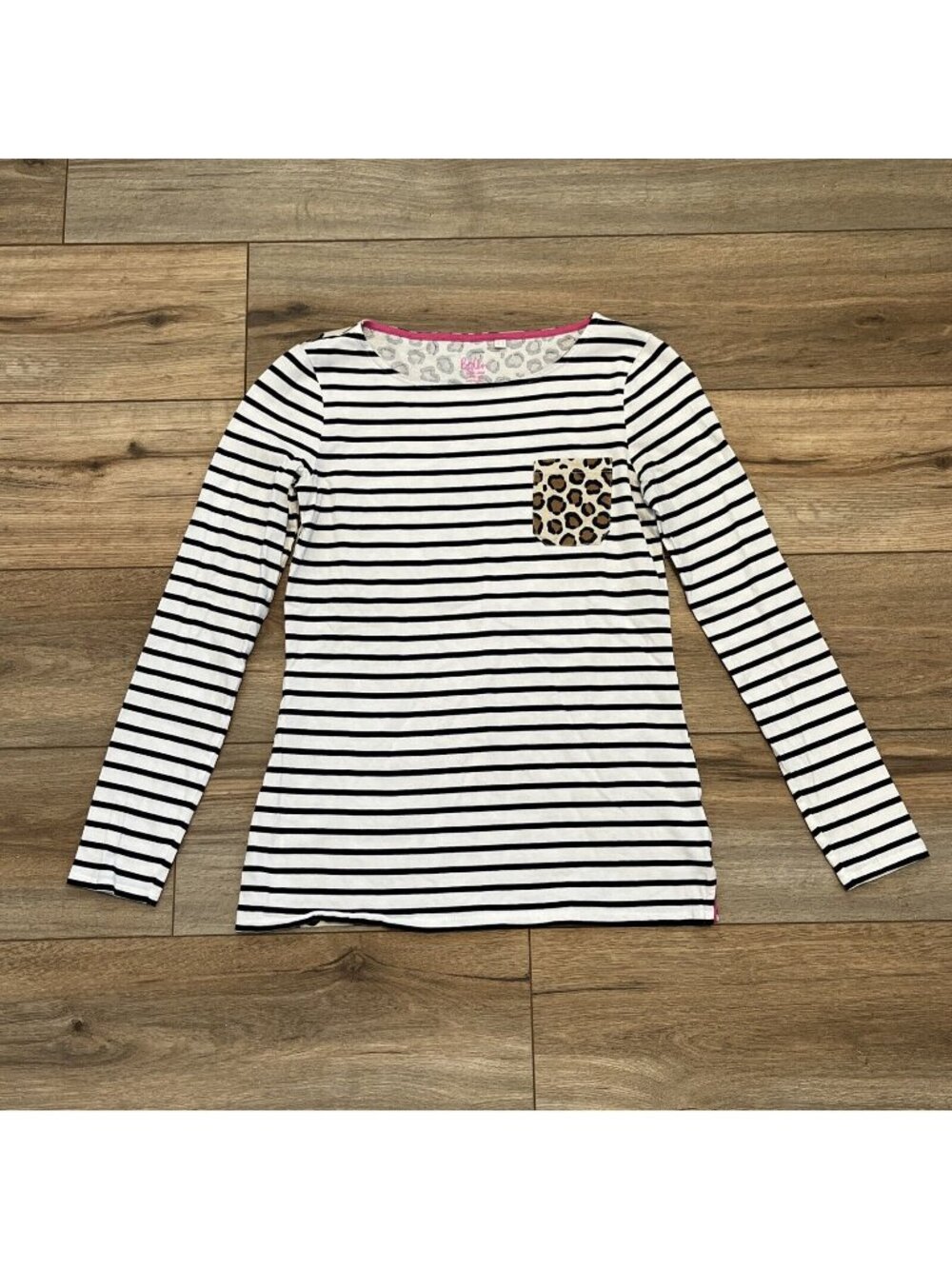Women's Boden Benton Pocket T Shirt SZ 4 Striped Leopard Print Cotton L/S